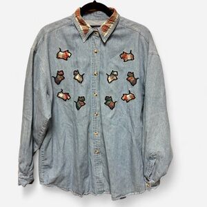 Vintage Solutions! Original Denim Shirt With Tartan Scotty Dog Appliqués